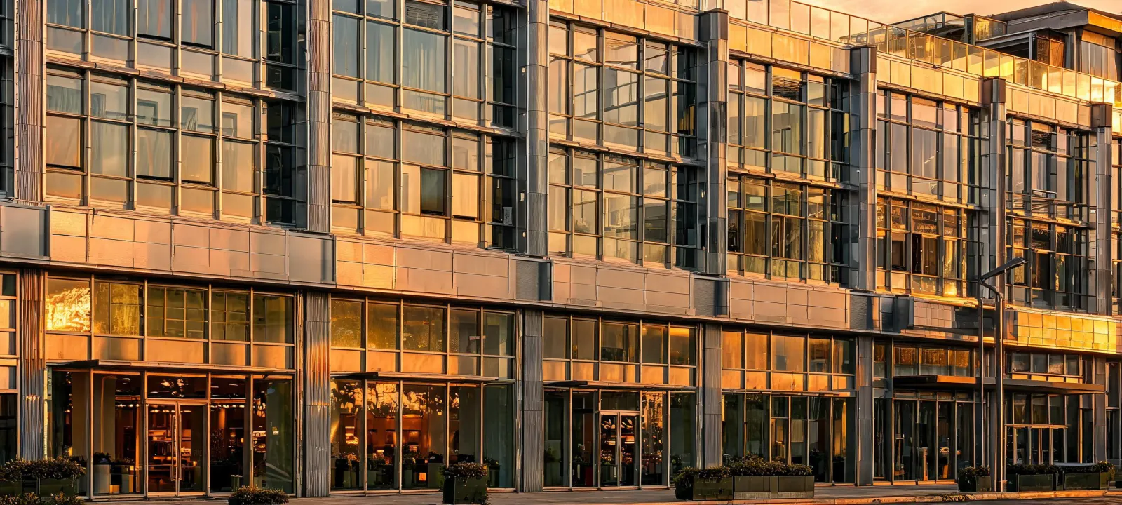 Mixed-use commercial facade with aluminum curtain wall
