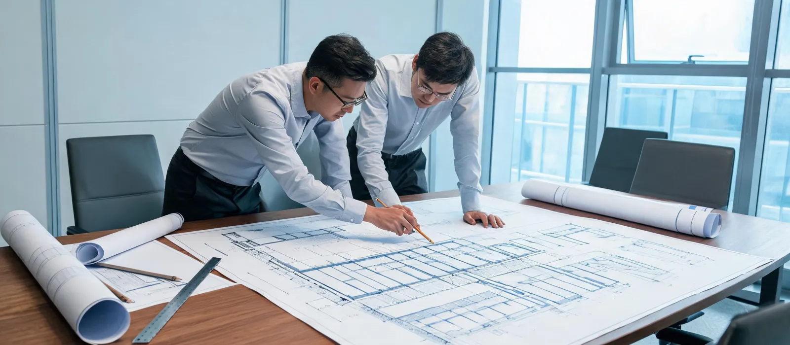 Engineers reviewing aluminum curtain wall shop drawings